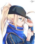  ahoge artoria_pendragon_(all) black_hat blonde_hair blue_eyes blue_scarf fate/grand_order fate_(series) from_side hair_between_eyes hat high_ponytail highres long_hair meimuu mysterious_heroine_x scarf signature simple_background solo upper_body white_background wristband 