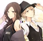 back-to-back brown_hair character_name commentary_request earrings fedora haru_(haru2079) hat highres jewelry multiple_girls necktie niconico real_life ring signature smile white_hair 