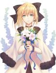  ahoge artoria_pendragon_(all) blonde_hair blue_ribbon bouquet capelet collarbone dress fate/unlimited_codes fate_(series) flower fur_trim green_eyes hair_between_eyes highres holding holding_bouquet jewelry light_smile lily_(flower) long_hair looking_at_viewer necklace ribbon saber_lily solo standing white_capelet white_dress white_flower xing_muhen 