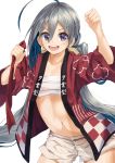  ahoge bad_anatomy brown_shorts clothes_writing cloud_print collarbone cowboy_shot grey_eyes grey_hair hair_between_eyes happi highres japanese_clothes kantai_collection kiyoshimo_(kantai_collection) konkito long_hair looking_at_viewer low_twintails navel open_clothes open_mouth sarashi shorts simple_background smile solo teeth twintails very_long_hair white_background 