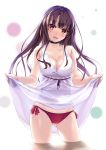  ass_visible_through_thighs bangs bikini blunt_bangs breasts brown_hair choker cleavage dress dress_lift eyebrows_visible_through_hair highres lifted_by_self long_hair looking_at_viewer medium_breasts open_mouth original red_bikini red_eyes silhouette solo swimsuit swimsuit_under_clothes wading white_dress yoshida_takuma 