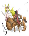  absurdres animal animal_ears blonde_hair bug cicada closed_mouth clothed_animal commentary_request doitsuken dress drinking fox_ears fox_tail from_side gloves headband headlight highres holding ice_pick insect long_hair monster_energy mouth_hold original oversized_animal pouch scissors shoes sitting smile socks solo tail white_dress 