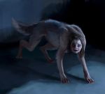  2018 brown_hair canine fangs female hair liminalbean long_hair mammal nightmare_fuel nude open_mouth scared solo standing transformation were werewolf 