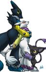  2018 alternate_color anthro armwear black_sclera blackgatomon blue_eyes breast_grab breasts bridal_gauntlets cheek_tuft claws clothing digimon dipstick_ears ear_piercing ear_tuft eyes_closed female female/female fur furball gaenamon grabbing_from_behind group hand_on_breast male multi_tail neck_tuft nipple_piercing nipples nude open_mouth piercing purple_fur renamon ringed_tail side_boob size_difference tail_tuft toe_claws tuft vulpamon white_fur yellow_eyes 