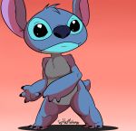  2018 3_toes 4_fingers alien black_claws black_eyes blue_fur blue_nose chest_tuft claws digital_drawing_(artwork) digital_media_(artwork) disney experiment_(species) fur gradient_background head_tuft lilo_and_stitch signature simple_background small_tail smile solo standing stitch toes tophatmahoney tuft 