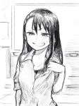  black_hair blush borrowed_character commentary dark_skin fang greyscale hair_ornament hairclip highres ijiranaide_nagatoro-san long_hair monochrome nagatoro school_uniform sharp_teeth shiromanta shirt smile teeth 