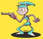  2018 4_fingers absurd_res android artist_signature blue_hair digital_drawing_(artwork) digital_media_(artwork) female grin gun hair handgun hi_res holding_object holding_weapon humanoid jenny_wakeman machine my_life_as_a_teenage_robot nickelodeon not_furry pigtails ranged_weapon revolver robot sharp_teeth signature simple_background smile solo standing teeth toony tophatmahoney weapon white_body yellow_background 
