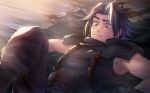  black_hair blue_eyes boots commentary crisis_core_final_fantasy_vii disney earrings facial_scar final_fantasy final_fantasy_vii flynn_rider ginmu jewelry lying male_focus on_back pauldrons raised_eyebrow scar spiked_hair tangled zack_fair 