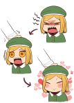  221_(tsutsuichi) ^_^ beret blonde_hair blush closed_eyes commentary_request fate/grand_order fate_(series) gloves hand_on_another's_head hat long_sleeves open_mouth paul_bunyan_(fate/grand_order) petting short_hair smile yellow_eyes 