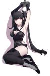  architect_(girls_frontline) armpits arms_up ass asymmetrical_clothes bangs bdsm black_hair black_legwear blunt_bangs blush bondage boots bound breasts chain cleavage collarbone commentary cuffs eyebrows_visible_through_hair girls_frontline highres large_breasts long_hair looking_at_viewer medium_breasts one_side_up pale_skin parted_lips pink_eyes purple_eyes restrained sangvis_ferri shackles side-tie_costume side_ponytail sidelocks simple_background smile solo sweatdrop thighhighs thighs very_long_hair white_background xiujia_yihuizi 