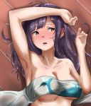  armpits blush breasts commentary_request covered_nipples eyebrows_visible_through_hair hair_between_eyes highres kantai_collection large_breasts long_hair looking_at_viewer open_mouth purple_hair red_eyes solo taigei_(kantai_collection) tama_(seiga46239239) underwear undressing 