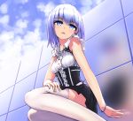  aoi_kao_(lsz7106) blue_eyes chinese_commentary commentary_request date_a_live dress from_side frown hair_between_eyes hand_on_own_thigh highres looking_at_viewer medium_hair open_mouth outdoors short_sleeves silver_hair solo thighhighs tobiichi_origami white_legwear 