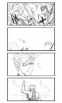  2boys archer battle broken broken_weapon comic duel face_down fate/stay_night fate_(series) gae_bolg greyscale gundam gundam_tekketsu_no_orphans in_the_face injury kanshou_&amp;_bakuya lancer look-alike monochrome multiple_boys parody sketch somechime_(sometime1209) weapon 