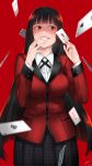  ace_of_clubs bangs black_hair blunt_bangs blush breasts buttons card drawrepulser evil_smile eyebrows_visible_through_hair fingernails grey_skirt grin highres holding holding_card jabami_yumeko jacket joker kakegurui large_breasts long_fingernails long_hair long_sleeves looking_to_the_side pink_lips playing_card pleated_skirt red_background red_eyes red_jacket school_uniform shiny shiny_hair shirt skirt smile standing white_shirt 