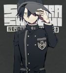  1boy bandaid black_hair black_hat black_headwear black_jacket black_outerwear buttons cap expressionless hat higa423 jacket long_sleeves male_focus new_danganronpa_v3 saihara_shuuichi school_uniform short_hair silver_eyes solo striped 