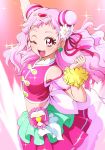  ;d arm_up back_bow bow cowboy_shot cure_yell double_bun earrings eyelashes flower hair_flower hair_ornament hair_ribbon heart heart_hair_ornament highres hugtto!_precure jewelry layered_skirt long_hair looking_at_viewer magical_girl mattsua nono_hana one_eye_closed open_mouth pink pink_background pink_eyes pink_hair pink_shirt pink_skirt pleated_skirt precure red_ribbon ribbon shirt skirt sleeveless sleeveless_shirt smile solo sparkle white_bow wrist_cuffs 