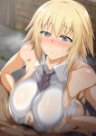  bare_shoulders between_breasts blonde_hair blush braid breasts censored cleavage_cutout fate/apocrypha fate_(series) jeanne_d'arc_(fate) jeanne_d'arc_(fate)_(all) large_breasts long_hair male_pubic_hair mosaic_censoring motion_blur necktie necktie_between_breasts paizuri penis precum pubic_hair purple_eyes purple_neckwear saintshiro short_shorts shorts sideboob single_braid sleeveless solo_focus sweat 