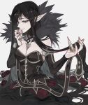  bare_shoulders black_dress black_hair breasts closed_mouth detached_sleeves dress ebanoniwa eyebrows_visible_through_hair fate/apocrypha fate/grand_order fate_(series) flower food fruit fur_collar fur_trim holding holding_food holding_fruit jewelry long_hair looking_at_viewer medium_breasts petals pointy_ears red_flower red_petals rose rose_petals semiramis_(fate) simple_background slit_pupils solo strawberry upper_body very_long_hair white_background yellow_eyes 