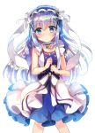  blue_eyes blue_hair blush choker dress eyebrows_visible_through_hair floating_hair gochuumon_wa_usagi_desu_ka? hair_between_eyes headdress kafuu_chino long_hair looking_at_viewer shimaji shiny shiny_hair simple_background sleeveless sleeveless_dress smile solo standing very_long_hair white_background 