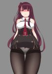  absurdres arms_behind_back ass_visible_through_thighs bangs bare_shoulders biting black_legwear blunt_bangs blush bow bow_panties breasts buttons cameltoe commentary_request covered_nipples crotch du_liu embarrassed eyebrows_visible_through_hair from_below girls_frontline hair_ribbon half-closed_eyes half_updo highres large_breasts lip_biting long_hair looking_at_viewer necktie nose_drip one_side_up panties pantyhose purple_hair red_eyes red_neckwear ribbon shirt sidelocks simple_background skirt sleeveless sleeveless_shirt solo striped striped_shirt tearing_up thighband_pantyhose thighs tsurime underbust underwear very_long_hair wa2000_(girls_frontline) white_panties worried 