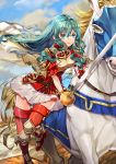  aqua_hair armor blue_eyes blue_hair blush boots breastplate cape eirika fire_emblem fire_emblem:_seima_no_kouseki fire_emblem_heroes gloves highres horseback_riding lips long_hair looking_at_viewer mizukiyan rapier riding sidelocks skirt smile solo sword thigh_boots thighhighs weapon zettai_ryouiki 