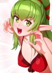  :d bikini breasts chiki claw_pose cleavage covered_nipples fire_emblem fire_emblem:_kakusei fire_emblem:_monshou_no_nazo fire_emblem_heroes green_eyes green_hair large_breasts mamkute neocoill open_mouth pointy_ears red_bikini smile solo swimsuit 