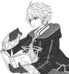  book cape fire_emblem fire_emblem:_kakusei gloves hood kamu_(kamuuei) male_focus male_my_unit_(fire_emblem:_kakusei) monochrome my_unit_(fire_emblem:_kakusei) short_hair smile solo white_hair 