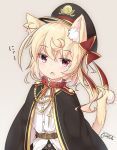  animal_ears bangs belt belt_collar black_cape black_hat black_skirt blonde_hair blush brown_belt cape cat_ears cat_girl cat_tail cherry_blossom_print chestnut_mouth collared_shirt commentary_request coreytaiyo dated dress_shirt eyebrows_visible_through_hair flandre_scarlet hair_between_eyes hat highres kemonomimi_mode long_hair looking_at_viewer one_side_up parted_lips peaked_cap print_skirt red_collar red_eyes shirt signature skirt solo tail touhou white_shirt 