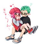 1boy 1girl bare_knees bare_legs bent_knees black_shorts black_sweater blush carry embarrassed glasses hat heart inkling long_sleeves pointy_ears princess_carry red_eyes red_hat shoes short_hair shorts sitting spiky_hair splatoon sweater 