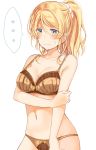  1girl alternate_costume ayase_eli bare_shoulders blonde_hair blue_eyes blush bra breasts brown_bra brown_panties cleavage collarbone eyebrows_visible_through_hair frown hair_between_eyes hair_ornament hair_scrunchie hand_on_own_arm highres long_hair looking_at_viewer love_live! love_live!_school_idol_project medium_breasts mogu_(au1127) navel one_side_up panties ponytail scrunchie sidelocks simple_background solo spoken_ellipsis stomach sweatdrop underwear underwear_only v-shaped_eyebrows white_background white_scrunchie 