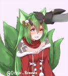  :3 :d animal_ears bare_shoulders black_gloves blue_eyes bow breasts christmas cleavage commentary commission disco_brando dress english_commentary fang fox_ears fox_tail gloves green_hair hair_between_eyes hair_bow highres horns kitsune long_hair medium_breasts multiple_tails open_mouth petting phantasy_star phantasy_star_online_2 pink_background pom_pom_(clothes) red_dress red_scarf scarf simple_background smile solo_focus tail twitter_username 