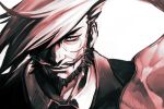  beard closed_mouth collared_shirt commentary_request facial_hair guilty_gear hair_over_one_eye hankuri looking_at_viewer male_focus monochrome monocle mustache one_eye_covered shirt simple_background slayer_(guilty_gear) smile solo white_background wing_collar 