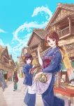  2girls :d absurdres apron_basket architecture bad_perspective bag balcony banner black_eyes blue_kimono blue_sky brown_hair building butterfly_hair_ornament carrying closed_mouth cloud day dragon east_asian_architecture eastern_dragon flower food gloves hair_flower hair_ornament hair_over_eyes hair_ribbon highres holding holding_food house japanese_clothes kimono leg_up light_brown_hair long_hair looking_at_viewer low_ponytail multiple_girls na_(sodium) obi official_art open_mouth orange_flower outdoors pink_ribbon pipe ponytail red_ribbon ribbon road sandals sash scarf shadow shopping_district short_hair sign sky smile socks standing standing_on_one_leg stone_floor storefront street striped striped_scarf tasuki town vertical-striped_kimono vertical_stripes very_long_hair white_gloves white_legwear wrapper 