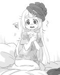 alternate_costume amagaeru_(amapippi052525) barefoot beanie blush bottomless collarbone cosplay embarrassed full_body greyscale hands_on_own_chest hands_together hands_up hat highres lillie_(pokemon) long_hair mizuki_(pokemon) mizuki_(pokemon)_(cosplay) monochrome nose_blush on_bed open_mouth pillow poke_ball_theme pokemon pokemon_(game) pokemon_sm shirt short_sleeves shorts shorts_removed sitting sketch solo surprised tied_shirt translation_request white_background wide-eyed 
