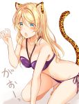  :o animal_ears ayase_eli barefoot bikini blonde_hair blush breasts claw_pose cleavage fang gao hair_between_eyes hair_down halterneck kemonomimi_mode leopard_ears leopard_tail long_hair looking_at_viewer love_live! love_live!_school_idol_project medium_breasts mogu_(au1127) navel purple_bikini side-tie_bikini solo squatting swimsuit tail v-shaped_eyebrows white_background 