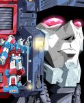  80s autobot blue_eyes closed_mouth commentary_request glowing glowing_eyes highres metroplex multiple_boys no_humans oldschool qhon red_eyes standing transformers ultra_magnus 