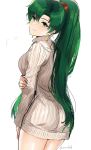  ass blush commentary fire_emblem fire_emblem:_rekka_no_ken green_eyes green_hair high_ponytail highres long_hair looking_at_viewer lyndis_(fire_emblem) ormille ponytail smile solo sweater 