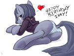  &lt;3 birthday blush clothing earth_pony english_text equine female feral friendship_is_magic grey_hair hair hobbes_maxwell horse mammal marble_pie_(mlp) my_little_pony panties pony purple_eyes simple_background solo striped_panties text underwear white_background 