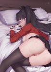  anus ass bed black_hair black_legwear black_ribbon blue_eyes blush breasts cameltoe censored fate/stay_night fate_(series) hair_ribbon hand_print long_hair lying mosaic_censoring nipples no_panties open_mouth pussy pussy_juice red_sweater ribbon shiny shiny_clothes shiny_hair shiny_skin slap_mark small_breasts solo spanked sweater thighhighs toosaka_rin two_side_up yeh_(354162698) 