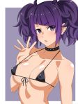 areola_slip areolae bangs bikini black_bikini blush breasts choker collar covered_nipples diagonal_bangs ear_piercing eyebrows_visible_through_hair front-tie_top idolmaster idolmaster_shiny_colors looking_at_viewer medium_breasts micro_bikini open_mouth piercing purple_eyes purple_hair ra-pen short_twintails solo spiked_collar spikes strap_lift string_bikini swimsuit tanaka_mamimi triangle_mouth twintails upper_body 