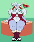  anthro big_breasts big_thighs breasts clothed clothing dawmino female looking_at_viewer makeup mascara overweight overweight_female sitting smile solo wendigo wide_hips 