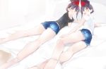  ama_mitsuki ass asymmetrical_hair bangs bare_legs bed_sheet black_shirt breasts casual closed_mouth commentary_request denim denim_shorts hair_between_eyes headgear i-13_(kantai_collection) i-14_(kantai_collection) kantai_collection kneepits long_legs looking_at_viewer looking_back lying multiple_girls on_bed on_side on_stomach open_mouth pillow shirt short_hair short_shorts short_sleeves shorts shoulder_cutout small_breasts white_footwear white_pillow white_shirt yellow_eyes 