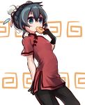  adapted_costume black_hair blue_eyes china_dress chinese_clothes cowboy_shot double_bun dress eating feathers food gloves highres japari_bun japari_symbol kaban_(kemono_friends) kemono_friends pantyhose short_hair short_sleeves solo yutsu 