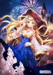  aqua_eyes bare_shoulders blanket blonde_hair blue_dress blush breasts castle detached_sleeves dress fireworks glint hair_ornament hand_up jewelry long_hair looking_at_viewer medium_breasts night night_sky official_art outdoors plaid ring sky smile solo standing star star_(sky) star_print starry_sky very_long_hair watermark wonderland_wars yamagishi_chihiro 