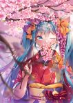  alternate_costume bangs blue_eyes blue_hair blue_nails blurry blurry_background blurry_foreground bow cherry_blossoms day depth_of_field eyebrows_visible_through_hair flat_chest floral_print flower hair_bow hair_flower hair_ornament hatsune_miku holding_branch ika_(4801055) japanese_clothes kimono light_particles long_hair long_sleeves looking_at_viewer nail_polish obi one_eye_closed orange_bow outdoors print_kimono red_kimono red_ribbon ribbon sash shiny shiny_hair signature spring_(season) tree_branch twintails twitter_username upper_body very_long_hair vocaloid wide_sleeves 