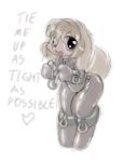  &lt;3 anthro ball_gag begging big_eyes blush canine clothing cuffs_(disambiguation) dialogue english_text female gag looking_at_viewer mammal raised_tail rubber rubber_suit simple_background solo sorrynothing standing text 