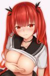  adapted_costume azur_lane bad_id bad_pixiv_id bangs blush breast_hold breasts cleavage closed_mouth collarbone commentary_request covering covering_breasts embarrassed eyebrows_visible_through_hair hair_ribbon honolulu_(azur_lane) large_breasts long_hair looking_at_viewer red_eyes red_hair ribbon school_uniform serafuku short_sleeves solo tapisuke twintails 