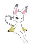  ambiguous_gender anthro black_nose claws clothing digimon featureless_crotch feline gatomon gloves hi_res itsunknownanon looking_at_viewer mammal mostly_nude one_eye_closed simple_background sitting solo tail_ring whiskers white_background wink 