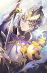  1boy cape chinese_armor chinese_clothes fate/grand_order fate_(series) flower gao_changgong_(fate) hair_between_eyes holding holding_sheath holding_sword holding_weapon horned_mask looking_at_viewer male_focus mask mask_over_one_eye masked parted_lips purple_eyes sheath short_hair silver_hair solo sword unsheathed weapon yellow_flower yunohito 