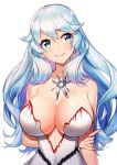  ahri_(ari_30305) arms_behind_back artemis_(fate/grand_order) bangs bare_shoulders blue_eyes blush breasts cleavage closed_mouth collarbone commentary_request dress eyebrows_visible_through_hair fate/grand_order fate_(series) hair_between_eyes jewelry large_breasts long_hair looking_to_the_side necklace simple_background smile solo swept_bangs white_background white_dress white_hair 